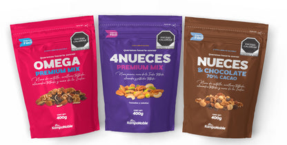 Paquete 3 Trail Mix KampoNoble | Tres delicios Trail Mix | OMEGA . 4NUECES . NUECES &CHOCOLATE |